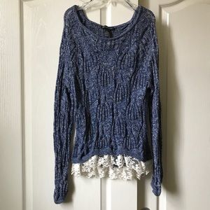 Blue Knit Sweater with Lace Edge